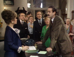 Prunella Scales as Sybil Fawlty and John Cleese as Basil Fawlty, Fawlty Towers, "Waldorf Salad"